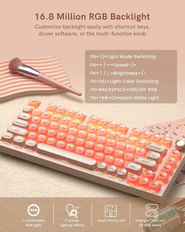 Alt view image 14 of 14 - WK75 Wireless Mechanical Keyboard with Knob, 75% Foundation Pink Creamy Keyboard, Hot Swappable, Pre-lubed Switches, Gasket Mount with MOA Profile Jelly Keycaps, RGB Backlit Gaming Keyboards