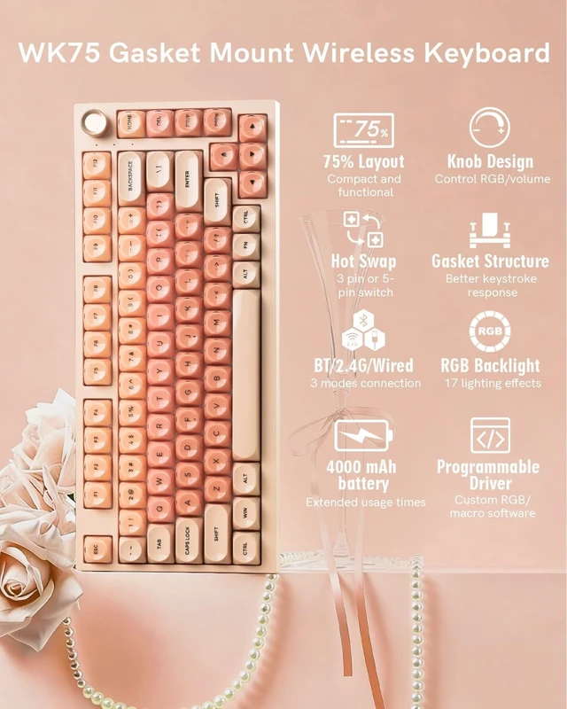 Alt view image 9 of 14 - WK75 Wireless Mechanical Keyboard with Knob, 75% Foundation Pink Creamy Keyboard, Hot Swappable, Pre-lubed Switches, Gasket Mount with MOA Profile Jelly Keycaps, RGB Backlit Gaming Keyboards