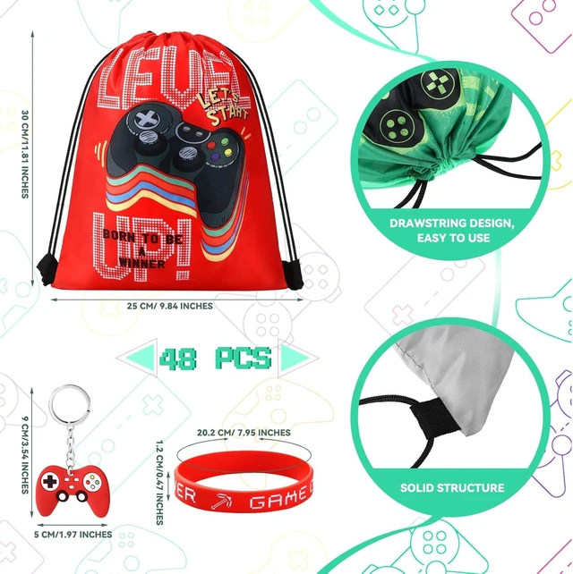 Alt view image 9 of 14 - Hungdao 48 Pcs Video Game Party Favors 16 Gamer Party Drawstring Bags Gaming Goodie Bag 16 Wristbands 16 Keychains for Birthday