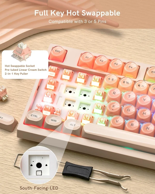 Alt view image 13 of 14 - WK75 Wireless Mechanical Keyboard with Knob, 75% Foundation Pink Creamy Keyboard, Hot Swappable, Pre-lubed Switches, Gasket Mount with MOA Profile Jelly Keycaps, RGB Backlit Gaming Keyboards