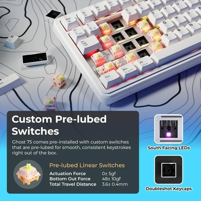 Alt view image 10 of 14 - TECWARE Ghost 75% Wireless Mechanical Keyboard | RGB Gaming Keyboard with Volume Knob | Tri-Mode 2.4GHz/Bluetooth/USB-C | Gasket Mounted | Hot Swappable Pre-Lubed Linear Switches | 4000mAh | White