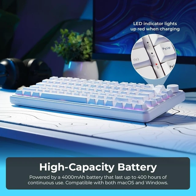 Alt view image 13 of 14 - TECWARE Ghost 75% Wireless Mechanical Keyboard | RGB Gaming Keyboard with Volume Knob | Tri-Mode 2.4GHz/Bluetooth/USB-C | Gasket Mounted | Hot Swappable Pre-Lubed Linear Switches | 4000mAh | White