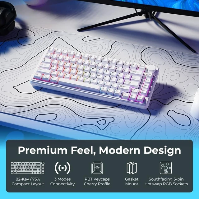 Alt view image 9 of 14 - TECWARE Ghost 75% Wireless Mechanical Keyboard | RGB Gaming Keyboard with Volume Knob | Tri-Mode 2.4GHz/Bluetooth/USB-C | Gasket Mounted | Hot Swappable Pre-Lubed Linear Switches | 4000mAh | White