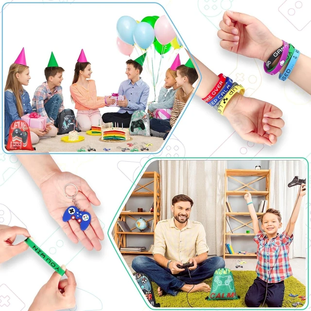 Alt view image 13 of 14 - Hungdao 48 Pcs Video Game Party Favors 16 Gamer Party Drawstring Bags Gaming Goodie Bag 16 Wristbands 16 Keychains for Birthday