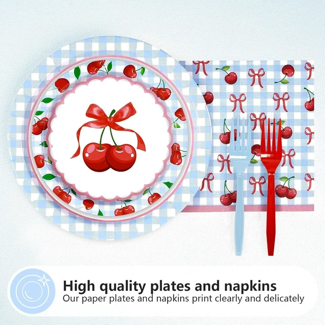Alt view image 9 of 14 - 96Pcs Cherry Baby Shower Birthday Party Decorations Blue Gingham Cherries and Bow Plates and Napkins She's the Cherry on Top Birthday Decorations for Girls Cherries Fruit Party Supplies Serves 24