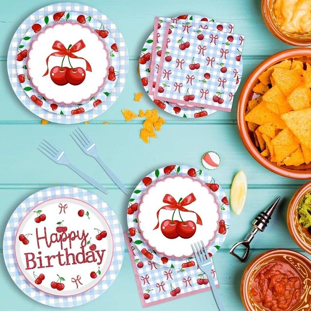Alt view image 13 of 14 - 96Pcs Cherry Baby Shower Birthday Party Decorations Blue Gingham Cherries and Bow Plates and Napkins She's the Cherry on Top Birthday Decorations for Girls Cherries Fruit Party Supplies Serves 24