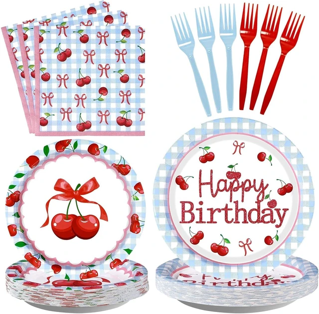 Alt view image 8 of 14 - 96Pcs Cherry Baby Shower Birthday Party Decorations Blue Gingham Cherries and Bow Plates and Napkins She's the Cherry on Top Birthday Decorations for Girls Cherries Fruit Party Supplies Serves 24