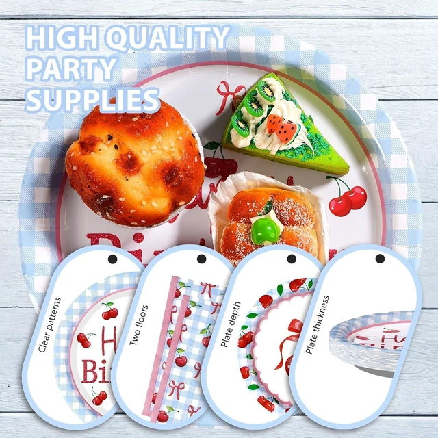 Alt view image 11 of 14 - 96Pcs Cherry Baby Shower Birthday Party Decorations Blue Gingham Cherries and Bow Plates and Napkins She's the Cherry on Top Birthday Decorations for Girls Cherries Fruit Party Supplies Serves 24