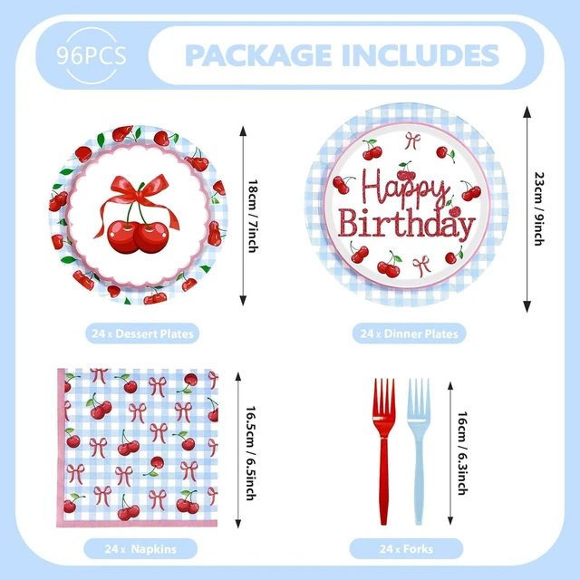 Alt view image 10 of 14 - 96Pcs Cherry Baby Shower Birthday Party Decorations Blue Gingham Cherries and Bow Plates and Napkins She's the Cherry on Top Birthday Decorations for Girls Cherries Fruit Party Supplies Serves 24