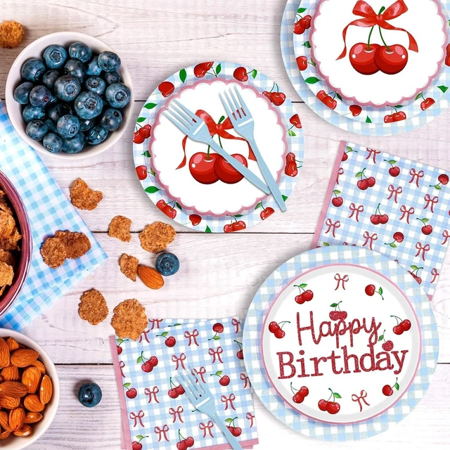 Alt view image 14 of 14 - 96Pcs Cherry Baby Shower Birthday Party Decorations Blue Gingham Cherries and Bow Plates and Napkins She's the Cherry on Top Birthday Decorations for Girls Cherries Fruit Party Supplies Serves 24