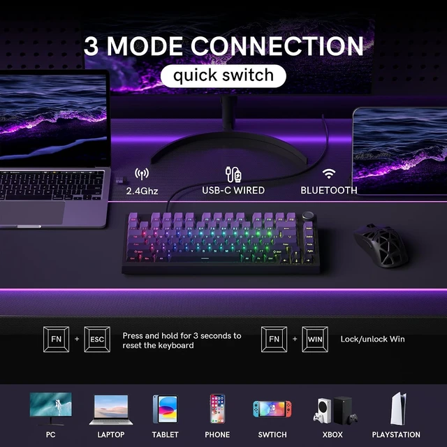 Alt view image 13 of 14 - COSTOM WK75 75% Wireless Gaming Mechanical Keyboard,BT5.0/2.4GHz/USB-C, Hot Swappable Pre-lubed Custom Linear Switches,Gasket Structure,RGB Backlit Keyboard for PC/Laptop/Xbox/PS4/PS5 (Purple)