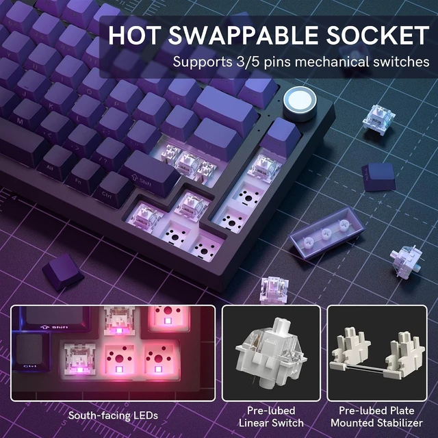 Alt view image 14 of 14 - COSTOM WK75 75% Wireless Gaming Mechanical Keyboard,BT5.0/2.4GHz/USB-C, Hot Swappable Pre-lubed Custom Linear Switches,Gasket Structure,RGB Backlit Keyboard for PC/Laptop/Xbox/PS4/PS5 (Purple)