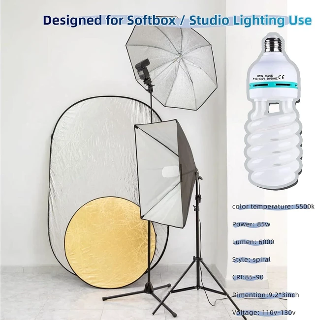 Alt view image 9 of 14 - 2Pcs 85W Light Bulb 5500K CFL Roas Daylight Spiral Softbox Lighting Kit Bulb in E27/E26 Socket for Photography Photo Box