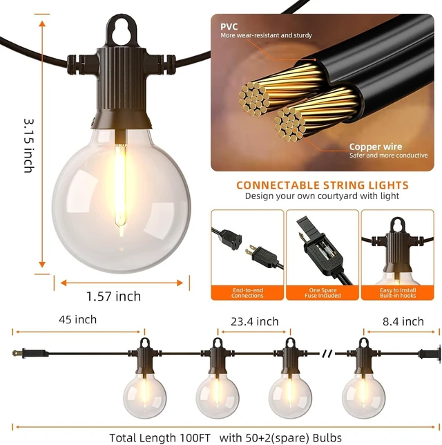 Alt view image 12 of 14 - Kawaya Outdoor String Lights 100 FT LED Patio Light with 50+2 Shatterproof Edison Globe Bulbs - IP65 Waterproof Dimmable Hanging Lights - 2700K Warm White Lighting for Outside Porch Deck Bistro Cafe