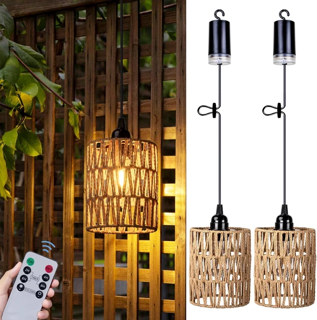 Alt view image 8 of 14 - Battery Operated Chandelier, Battery Hanging Pendant Light, Rattan Lights with Warm White Bulb, 4*AA Battery Powered, for Gazebo Pergola Porch Patio Outdoor Indoor Decor (2)