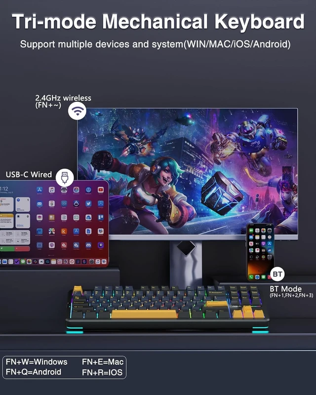Alt view image 10 of 14 - AULA F87 Wireless Mechanical Keyboard, 75% TKL Custom Hot Swappable Gaming Keyboards with PBT Keycaps, Pre-lubed Greywood Switches, RGB Backlit Creamy Keyboard, 2.4GHz/USB-C/BT5.0