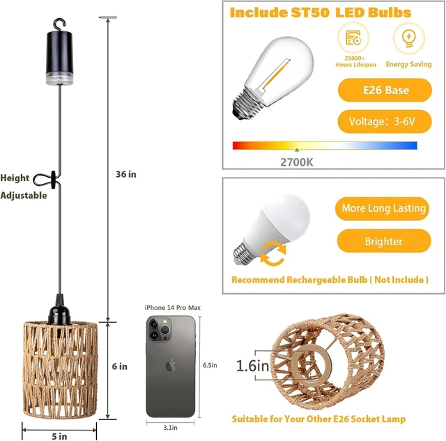 Alt view image 10 of 14 - Battery Operated Chandelier, Battery Hanging Pendant Light, Rattan Lights with Warm White Bulb, 4*AA Battery Powered, for Gazebo Pergola Porch Patio Outdoor Indoor Decor (2)