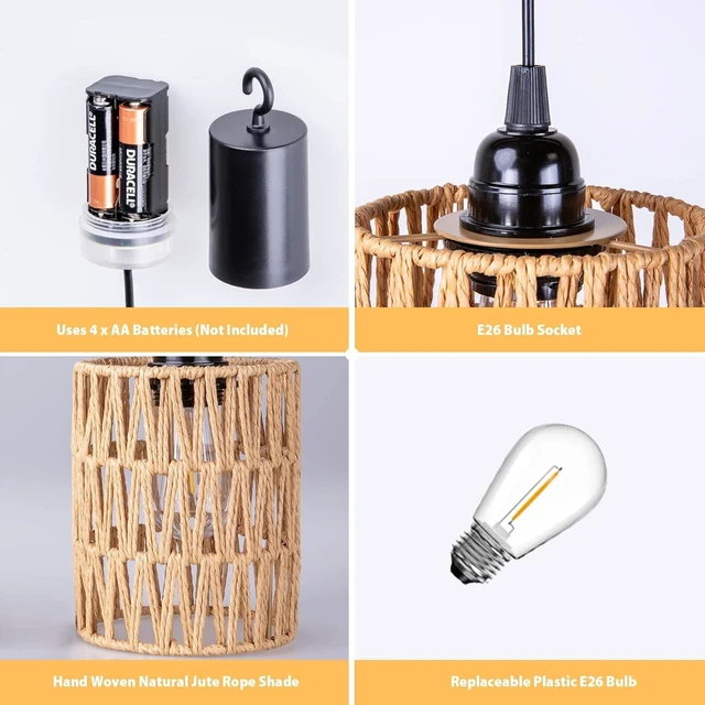 Alt view image 11 of 14 - Battery Operated Chandelier, Battery Hanging Pendant Light, Rattan Lights with Warm White Bulb, 4*AA Battery Powered, for Gazebo Pergola Porch Patio Outdoor Indoor Decor (2)