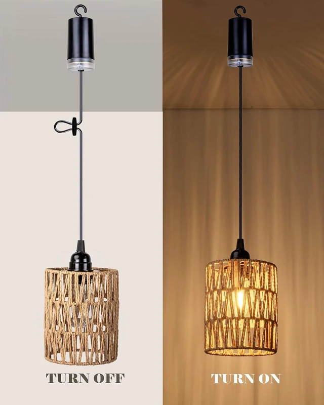 Alt view image 12 of 14 - Battery Operated Chandelier, Battery Hanging Pendant Light, Rattan Lights with Warm White Bulb, 4*AA Battery Powered, for Gazebo Pergola Porch Patio Outdoor Indoor Decor (2)