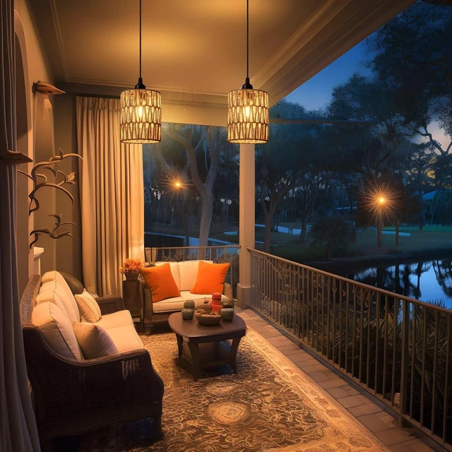 Alt view image 13 of 14 - Battery Operated Chandelier, Battery Hanging Pendant Light, Rattan Lights with Warm White Bulb, 4*AA Battery Powered, for Gazebo Pergola Porch Patio Outdoor Indoor Decor (2)
