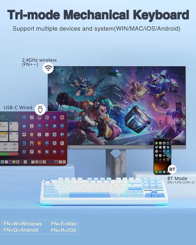 Alt view image 10 of 14 - AULA F87 Wireless Mechanical Keyboard, 75% TKL Custom Hot Swappable Gaming Keyboards with PBT Keycaps, Pre-lubed Greywood Switches, RGB Backlit Creamy Keyboard, 2.4GHz/USB-C/BT5.0