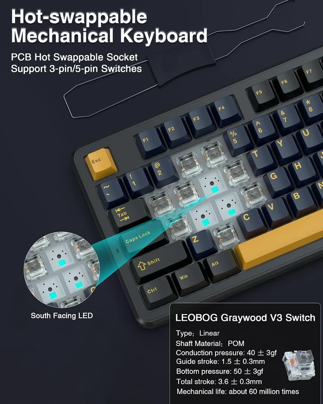 Alt view image 12 of 14 - AULA F87 Wireless Mechanical Keyboard, 75% TKL Custom Hot Swappable Gaming Keyboards with PBT Keycaps, Pre-lubed Greywood Switches, RGB Backlit Creamy Keyboard, 2.4GHz/USB-C/BT5.0