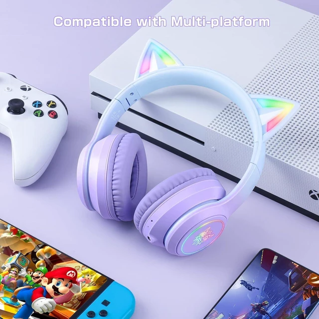 Alt view image 14 of 14 - Bluetooth Cat Ear Headphones for Kids & Adults, Wireless & Wired Mode Foldable Headset with Mic - Clear Sound Quality - RGB LED Light, for Girls School Gaming, for Phone/Laptop/PC/Tablet, Purple