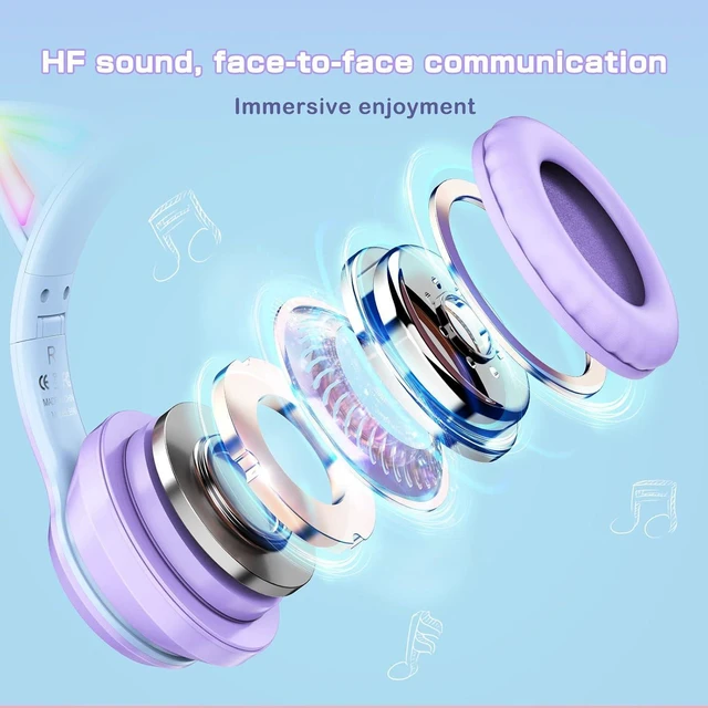 Alt view image 11 of 14 - Bluetooth Cat Ear Headphones for Kids & Adults, Wireless & Wired Mode Foldable Headset with Mic - Clear Sound Quality - RGB LED Light, for Girls School Gaming, for Phone/Laptop/PC/Tablet, Purple
