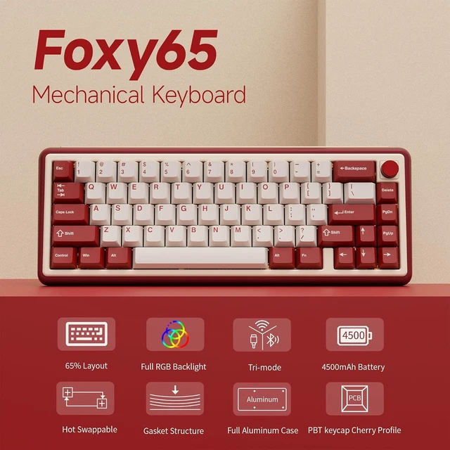 Alt view image 12 of 14 - Chilkey Foxy65 Mechanical Keyboard with Knob, Gasket Mount 65% Aluminum Wireless Mechanical Keyboard, BT5.0/2.4GHz/USB-C, Hot Swappable, RGB Backlit Computer Custom Key Board for PC