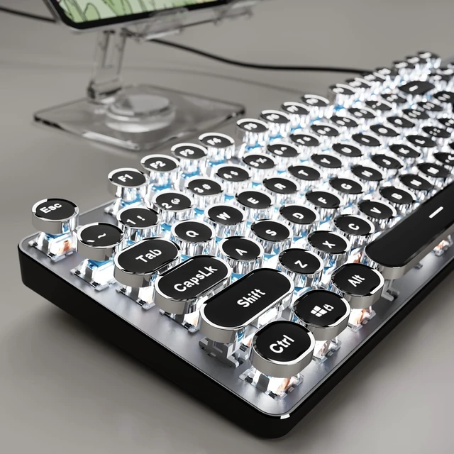 Alt view image 8 of 14 - EWEADN TK100 Typewriter Keyboard Wired Mechanical Keyboard, 104 Keys Aesthetic Typewriter Keyboards with White Backlit, Anti-Ghosting, Blue Switch Wired Cute Keyboards-Black