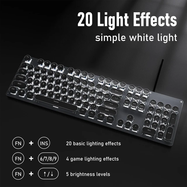Alt view image 10 of 14 - EWEADN TK100 Typewriter Keyboard Wired Mechanical Keyboard, 104 Keys Aesthetic Typewriter Keyboards with White Backlit, Anti-Ghosting, Blue Switch Wired Cute Keyboards-Black