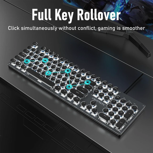 Alt view image 13 of 14 - EWEADN TK100 Typewriter Keyboard Wired Mechanical Keyboard, 104 Keys Aesthetic Typewriter Keyboards with White Backlit, Anti-Ghosting, Blue Switch Wired Cute Keyboards-Black
