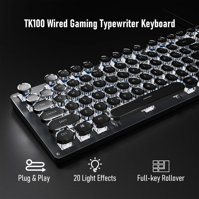 Alt view image 9 of 14 - EWEADN TK100 Typewriter Keyboard Wired Mechanical Keyboard, 104 Keys Aesthetic Typewriter Keyboards with White Backlit, Anti-Ghosting, Blue Switch Wired Cute Keyboards-Black