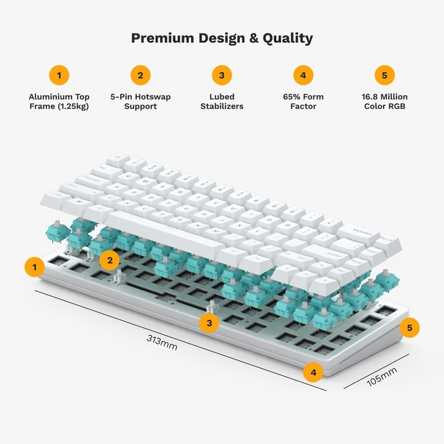 Alt view image 13 of 14 - GLORIOUS Gaming GMMK 2 Compact 65% Barebones (Frame Only) - Mechanical Gaming Keyboard Frame, Compact TKL Size (65%), Aluminium, Customisable, Per Key RGB, American QWERTY Layout - White