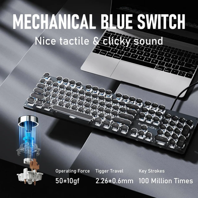 Alt view image 11 of 14 - EWEADN TK100 Typewriter Keyboard Wired Mechanical Keyboard, 104 Keys Aesthetic Typewriter Keyboards with White Backlit, Anti-Ghosting, Blue Switch Wired Cute Keyboards-Black