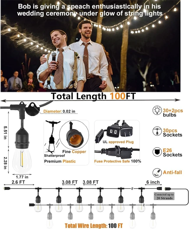 Alt view image 7 of 10 - Outdoor String Lights LED 100FT Heavy-Duty Patio Lights String with 32 Dimmable Shatterproof Plastic Bulbs for Gazebo Pergola Bistro Lights Linkable