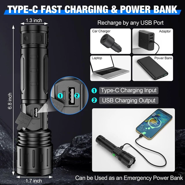 Alt view image 11 of 14 - Banral Flashlights High Lumens Rechargeable - 5000mAh Super Bright Powerful LED Flashlight with 5 Modes Waterproof Handheld Flash Light for Home,Camping,Car, Zoomable,Power Display (2Pack Black)