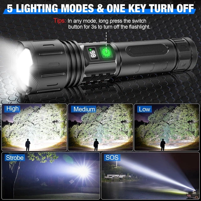 Alt view image 13 of 14 - Banral Flashlights High Lumens Rechargeable - 5000mAh Super Bright Powerful LED Flashlight with 5 Modes Waterproof Handheld Flash Light for Home,Camping,Car, Zoomable,Power Display (2Pack Black)