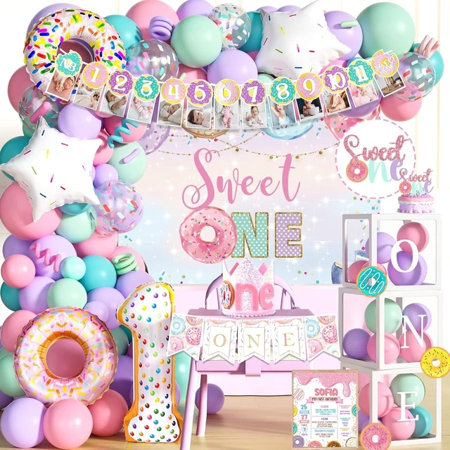 Alt view image 7 of 12 - Hombae Sweet One Birthday Party Decorations - 128 PCs Donut Themed Birthday Party Supplies with Sweet One Backdrop, Donut Foil Balloon, Banner, Balloon Boxes, Poster, Cake Topper