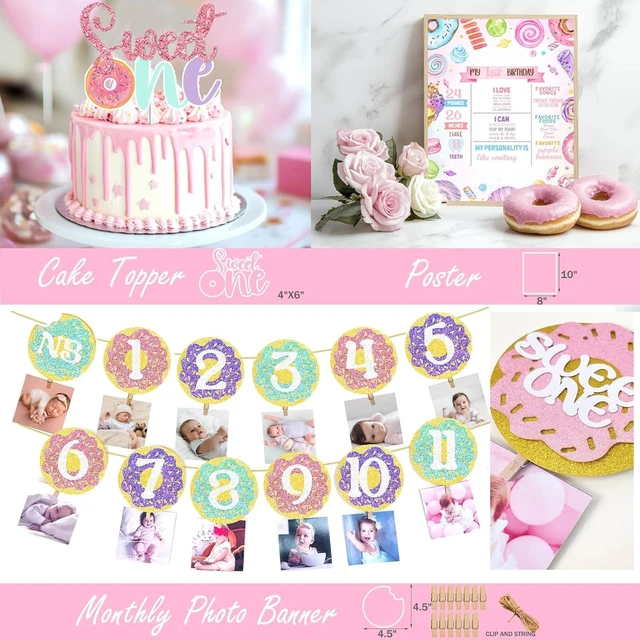 Alt view image 10 of 12 - Hombae Sweet One Birthday Party Decorations - 128 PCs Donut Themed Birthday Party Supplies with Sweet One Backdrop, Donut Foil Balloon, Banner, Balloon Boxes, Poster, Cake Topper