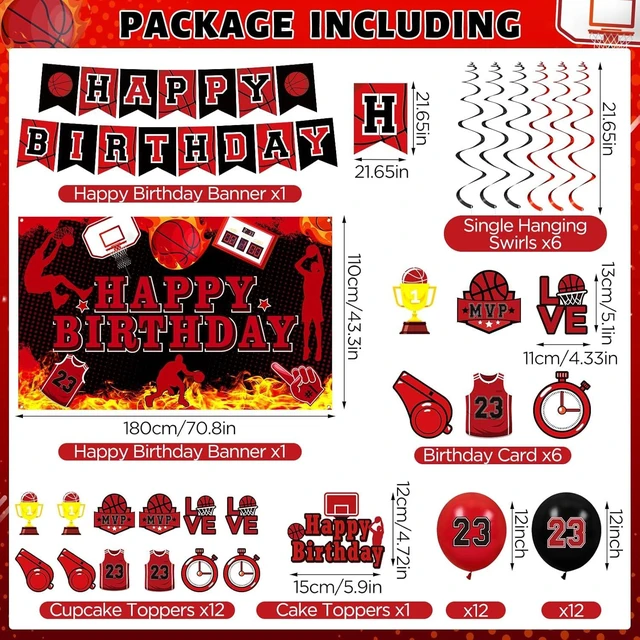 Alt view image 9 of 14 - Basketball Party Decorations 51Pcs Black Red Basketball Happy Birthday Banner Balloons Cake Topper Cupcake Toppers Hanging Swirls Kit for Boys Kids Teens Sport Theme Basketball Birthday Party Supplies