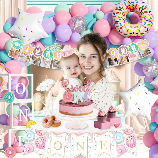 Alt view image 12 of 12 - Hombae Sweet One Birthday Party Decorations - 128 PCs Donut Themed Birthday Party Supplies with Sweet One Backdrop, Donut Foil Balloon, Banner, Balloon Boxes, Poster, Cake Topper