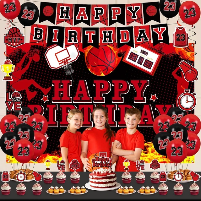Alt view image 12 of 14 - Basketball Party Decorations 51Pcs Black Red Basketball Happy Birthday Banner Balloons Cake Topper Cupcake Toppers Hanging Swirls Kit for Boys Kids Teens Sport Theme Basketball Birthday Party Supplies