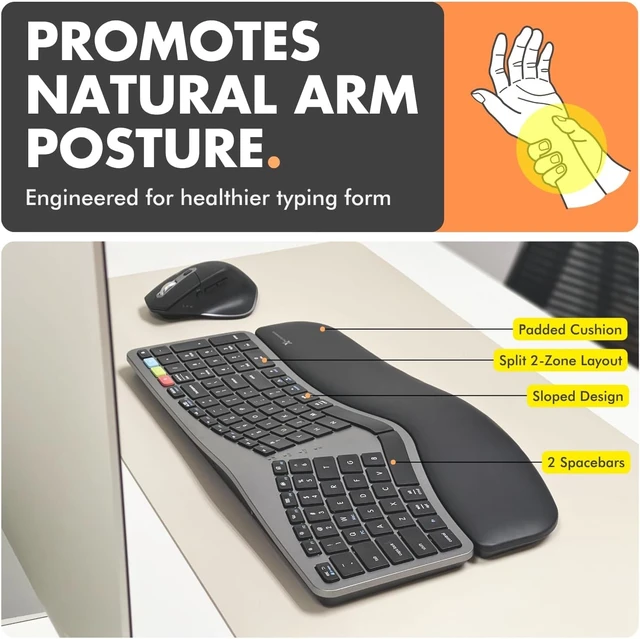 Alt view image 9 of 14 - X9 Ergonomic Keyboard and Mouse Wireless Combo - Ergo Split Keyboard with Wrist Rest and Mouse, 2.4G and Bluetooth, Full-Size Wireless Carpal Tunnel Ergonomic Keyboard and Mouse for Laptop and PC