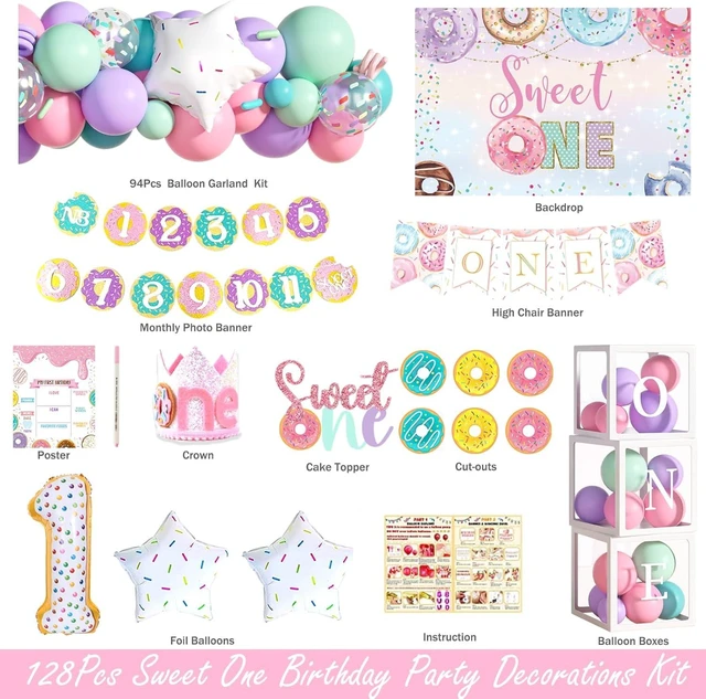 Alt view image 8 of 12 - Hombae Sweet One Birthday Party Decorations - 128 PCs Donut Themed Birthday Party Supplies with Sweet One Backdrop, Donut Foil Balloon, Banner, Balloon Boxes, Poster, Cake Topper