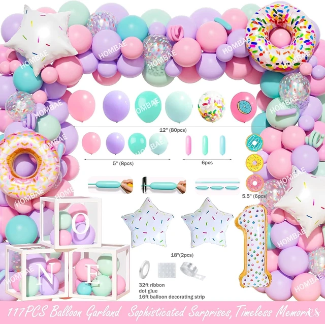Alt view image 9 of 12 - Hombae Sweet One Birthday Party Decorations - 128 PCs Donut Themed Birthday Party Supplies with Sweet One Backdrop, Donut Foil Balloon, Banner, Balloon Boxes, Poster, Cake Topper
