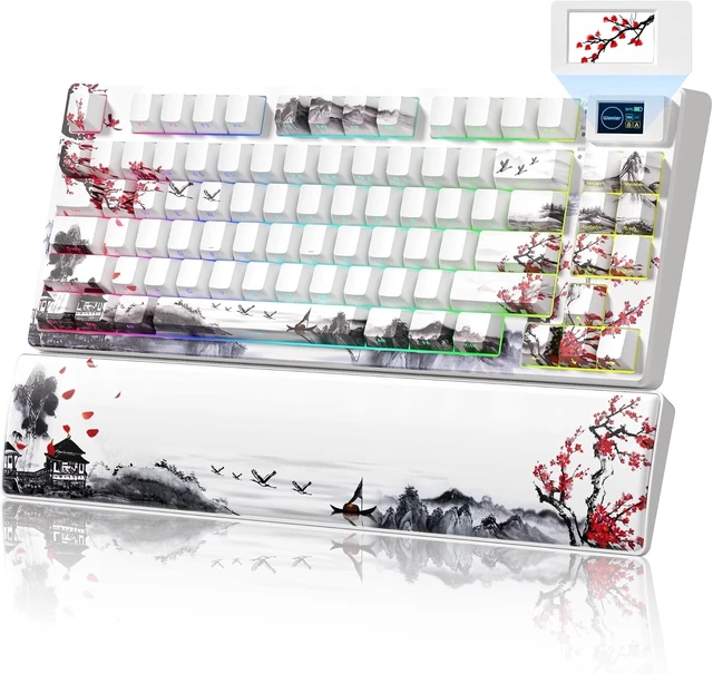 Alt view image 8 of 14 - Womier 75% Wireless Mechanical Keyboard with Color Multimedia Screen Gaming Creamy Keyboard, Theme 3-Modes Hot Swappable Key Board w/Wrist Rest,SK80 PRO Gasket RGB Custom for Mac/Win,Red Plum