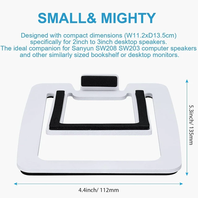 Alt view image 9 of 14 - Sanyun SW601 15° Tilted Desk Speaker Stands for Compact 2''-3'' Computer PC Bookshelf Monitor Speakers, Steel Metal Base & Damping Foam Padding (Pair, White)