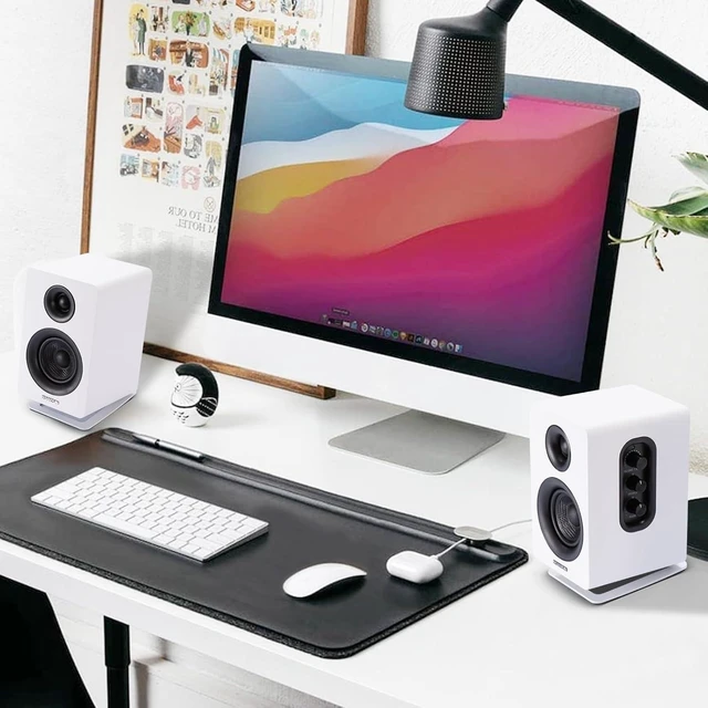 Alt view image 14 of 14 - Sanyun SW601 15° Tilted Desk Speaker Stands for Compact 2''-3'' Computer PC Bookshelf Monitor Speakers, Steel Metal Base & Damping Foam Padding (Pair, White)