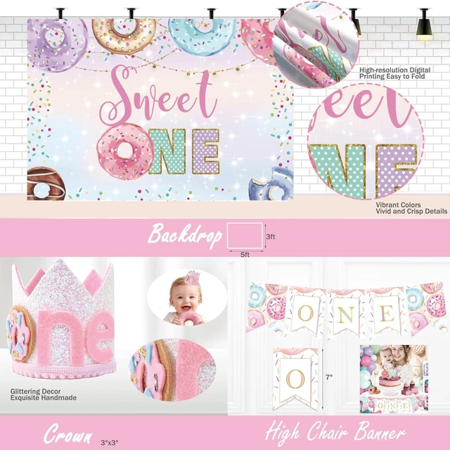 Alt view image 11 of 12 - Hombae Sweet One Birthday Party Decorations - 128 PCs Donut Themed Birthday Party Supplies with Sweet One Backdrop, Donut Foil Balloon, Banner, Balloon Boxes, Poster, Cake Topper